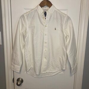 Polo Ralph Lauren Off White Button Down Long Sleeve Shirt Logo Boys Medium 10 12